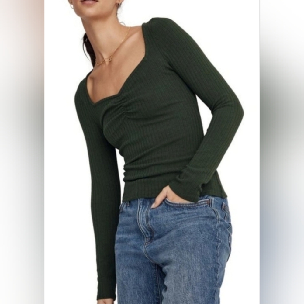 Madewell Dark Green Ribbed Long Sleeve Top with Square Neckline (Medium)